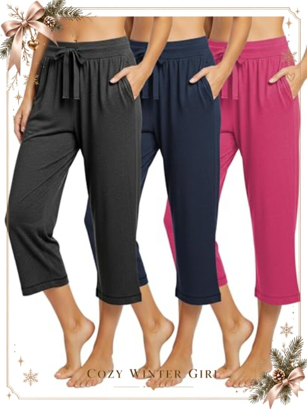 French Terry Cotton Blend Capri Joggers Drawstring Pockets 3 Pack